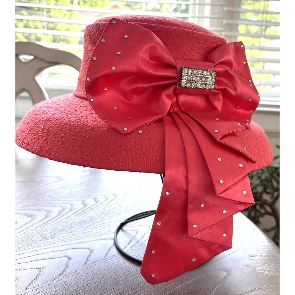 G.M.I. Women Coral Pink Church Hat Rhinestone Satin Bow Formal  Hat RN130799